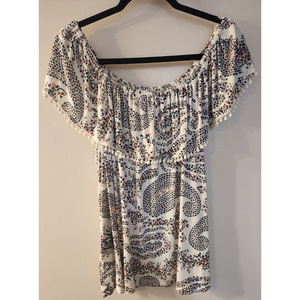 Fever Off The Shoulder Paisley Ruffle Pom Pom Trim Top 1X Boho